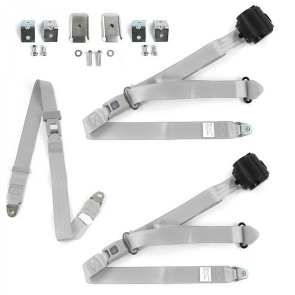Gray & Grey Retractable Bench Seat Belt Kit with Bracketry for 1970-1979 AMC Gremlin Standard 3 Point - 3 Belts