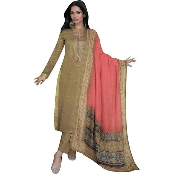Indian Pakistani Party Wear Designer Ready to Wear Shalwar Kameez Trouser Pant with Dupatta Suits ( Beige, 3XL - 48 )
