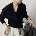 thumbnail image 4 of Cárdigan de cuello en V retro francés para mujer, abrigos de otoño 2023 con cordones, prendas de punto holgadas para mujer, suéter de manga larga liso con cintura de estilo holgado, 4 of 5