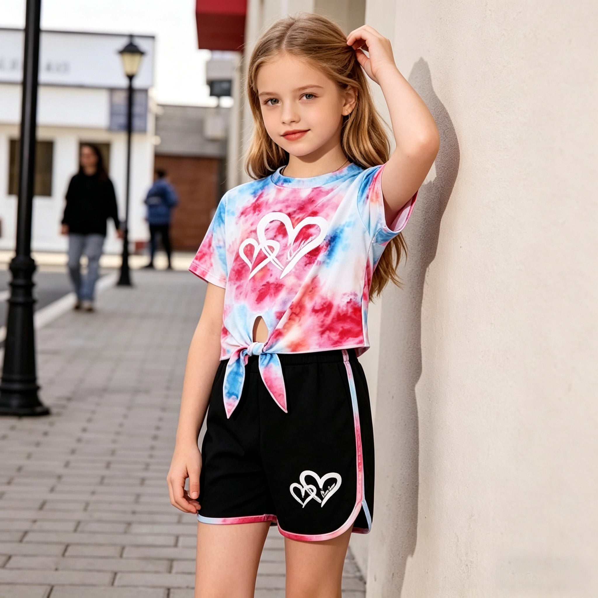 Jolyshlid Girls Summer Outfits 6 Piece Set Tie Dye Heart Print Short Sleeve Tops and Shorts Set Casual Clothing for Kids,Colorful Blue Red,13-14 Years