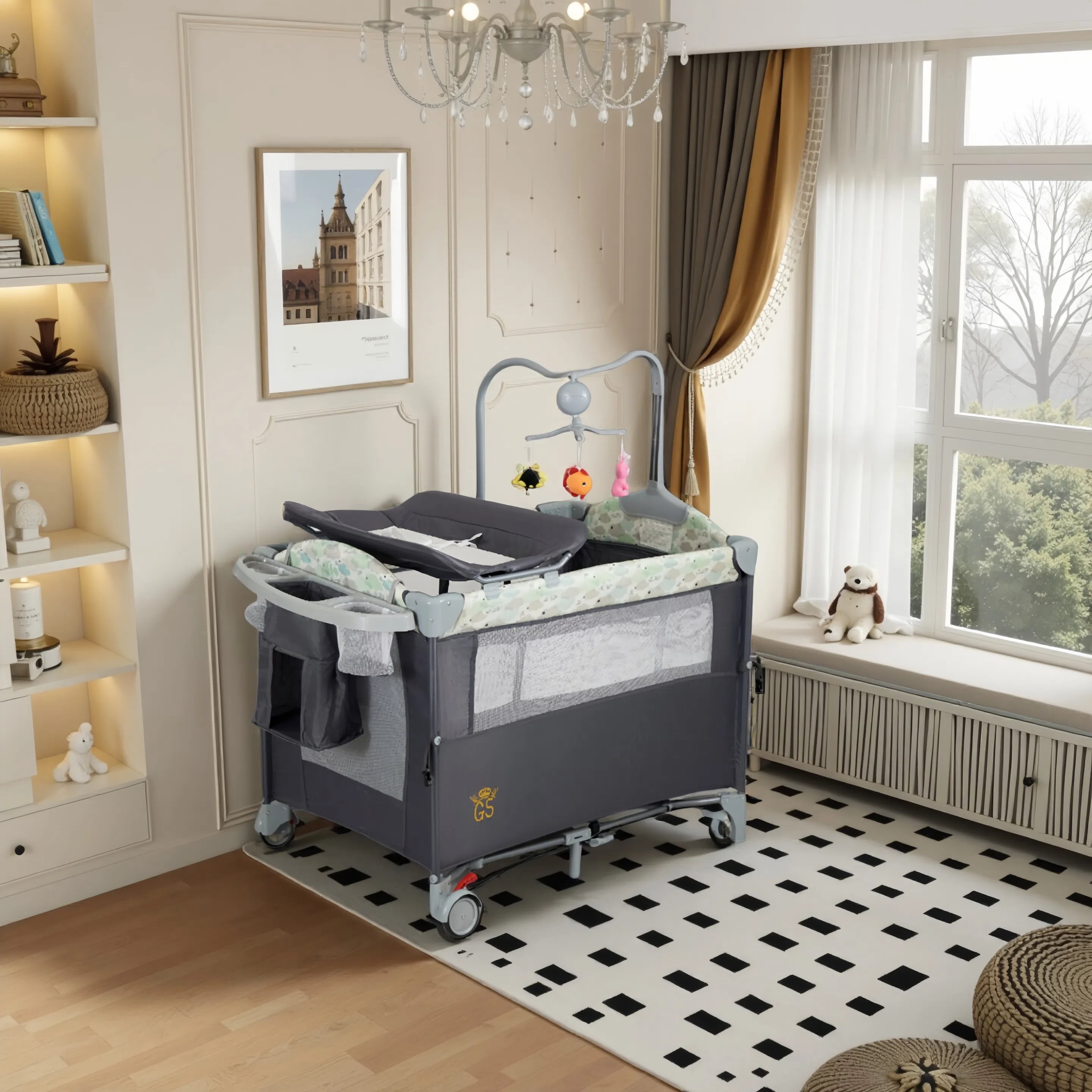 Pack and Play with Bassinet 4-in-1 Baby Playard with Changing Table Wheels Music Box,Foldable Playard for Baby Toddler(Black)