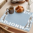 thumbnail image 3 of White Letters Placemats Set of 6 Modern Minimalist Style Sky Blue Place Mats Indoor Wipeable Table Mats Washable Cloth Dining Table Placemats for Kitchen Holiday Party Home Decor 13x19 Inch, 3 of 9