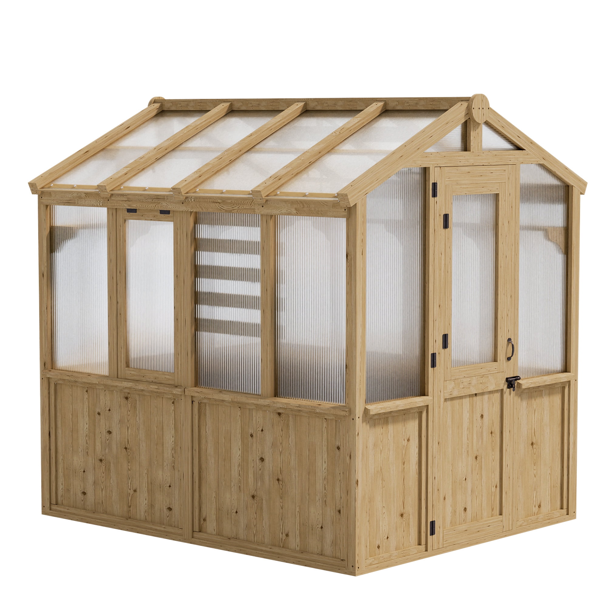 MeetLeisure 6.8 x 7.8 ft Solid Wood and Polycarbonate Walk-In Greenhouse, Spruce Wood Framed Hobby Greenhouse with Roof Vent, Horticultural Greenhouse with Automatic Vent Window, Natural