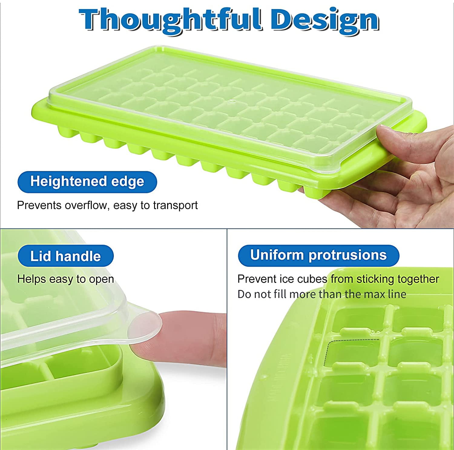 Ice Cube Trays with Lid and Bin for Freezer, Easy Release 55 Mini Nugget Ice Tray 2 Pack, Making 110Pcs Perfect Small Cubes, with Storage Container, Scoop, Flexible Durable, BPA Free.