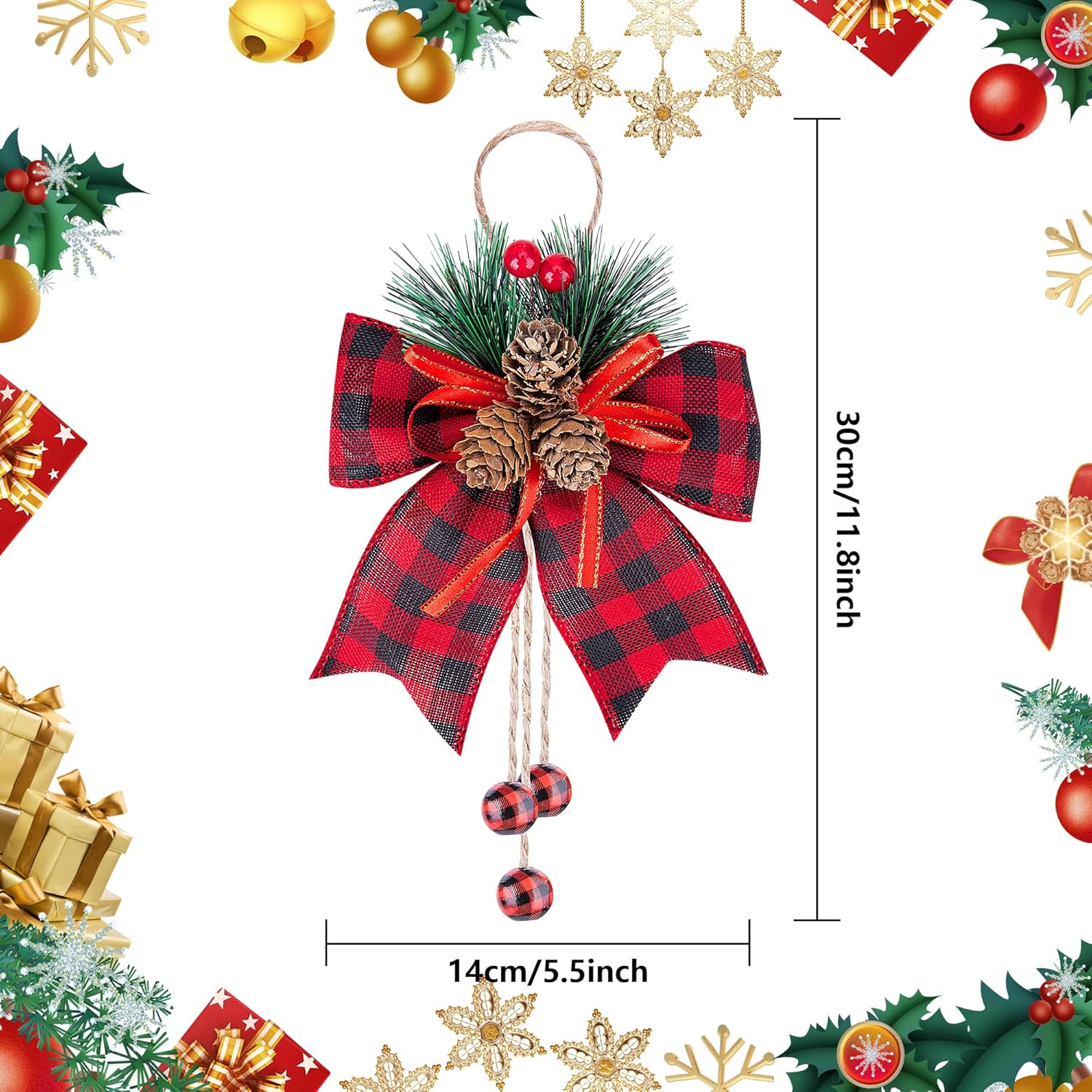 Ebaokuup 6 Pcs Christmas Burlap Plaid Bows with Pine Cones Pine Needles, Large Christmas Decoration Buffalo Plaid Bows, Xmas Wreath Bow Buffalo Check Bow for Holiday Crafts Home Party Tree Decor