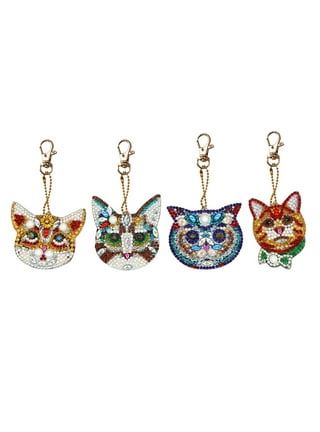 Puzzled Aqua79 Cats Sparkling Silver Keychains Set of 4 Pink, Happy, Blue Tiger, Stylish Cat Charm Rhinestones, Silver Metal Key Ring Accessory with