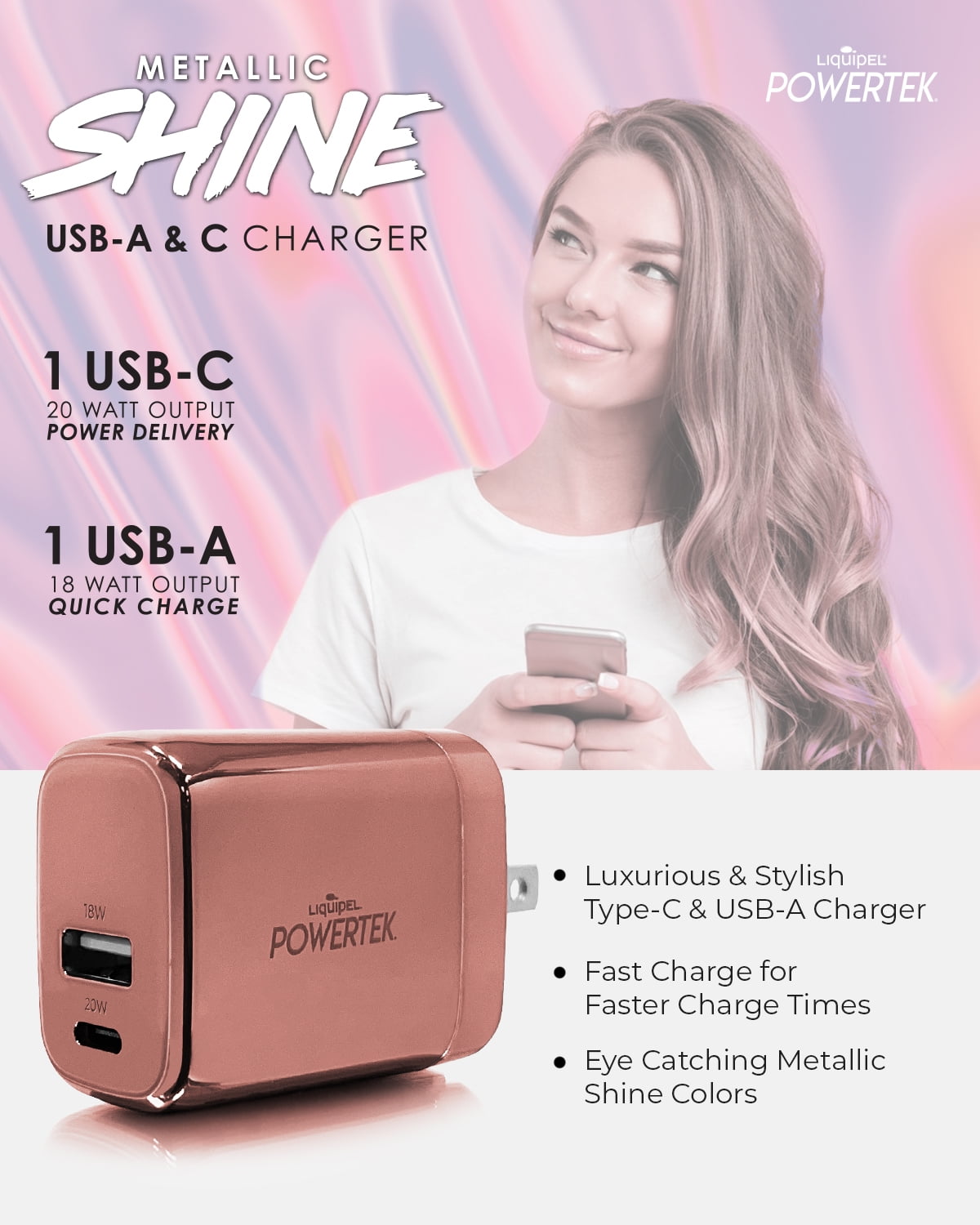 Liquipel Powertek 20W PD USBC and 18W USB A Dual Port Wall Block Charger, Type C Fast Charging Cube, Wall Power Adapter with Foldable Plug, Metallic Shine Light PInk