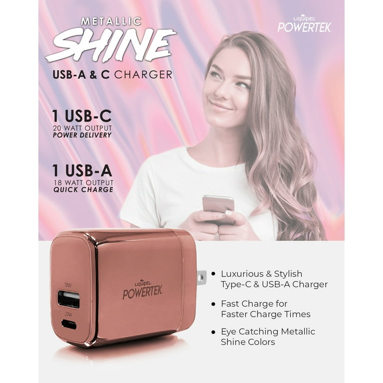Liquipel Powertek 20W PD USBC and 18W USB A Dual Port Wall Block Charger,  Type C Fast Charging Cube, Wall Power Adapter with Foldable Plug, Metallic  
