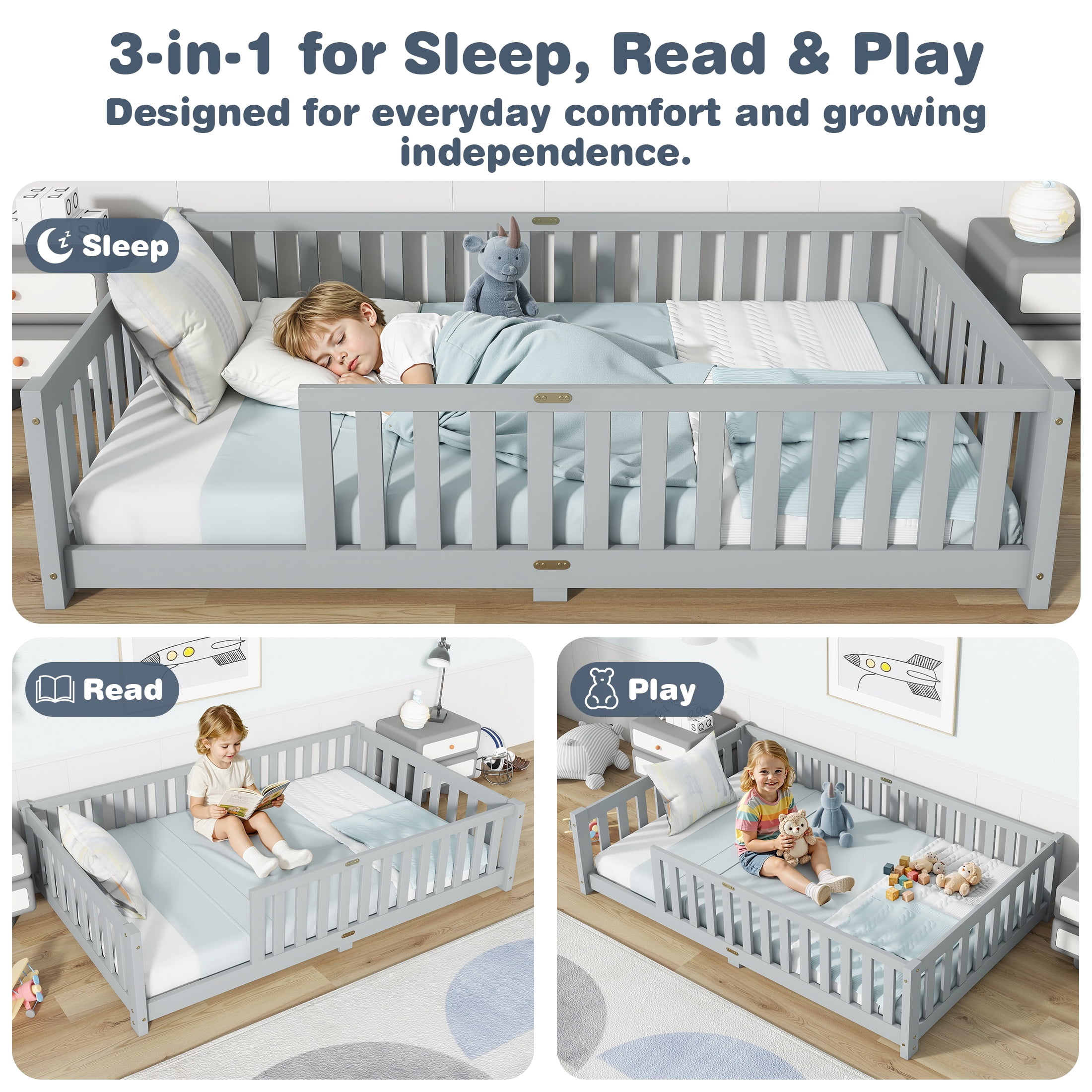 Sesslife Twin Montessori Floor Bed, Wood Twin Size Floor Bed Frame with Safety Guardrails and Slats, Low Profile Toddler Bed for Kids Boys and Girls, No Box Spring Needed, Grey