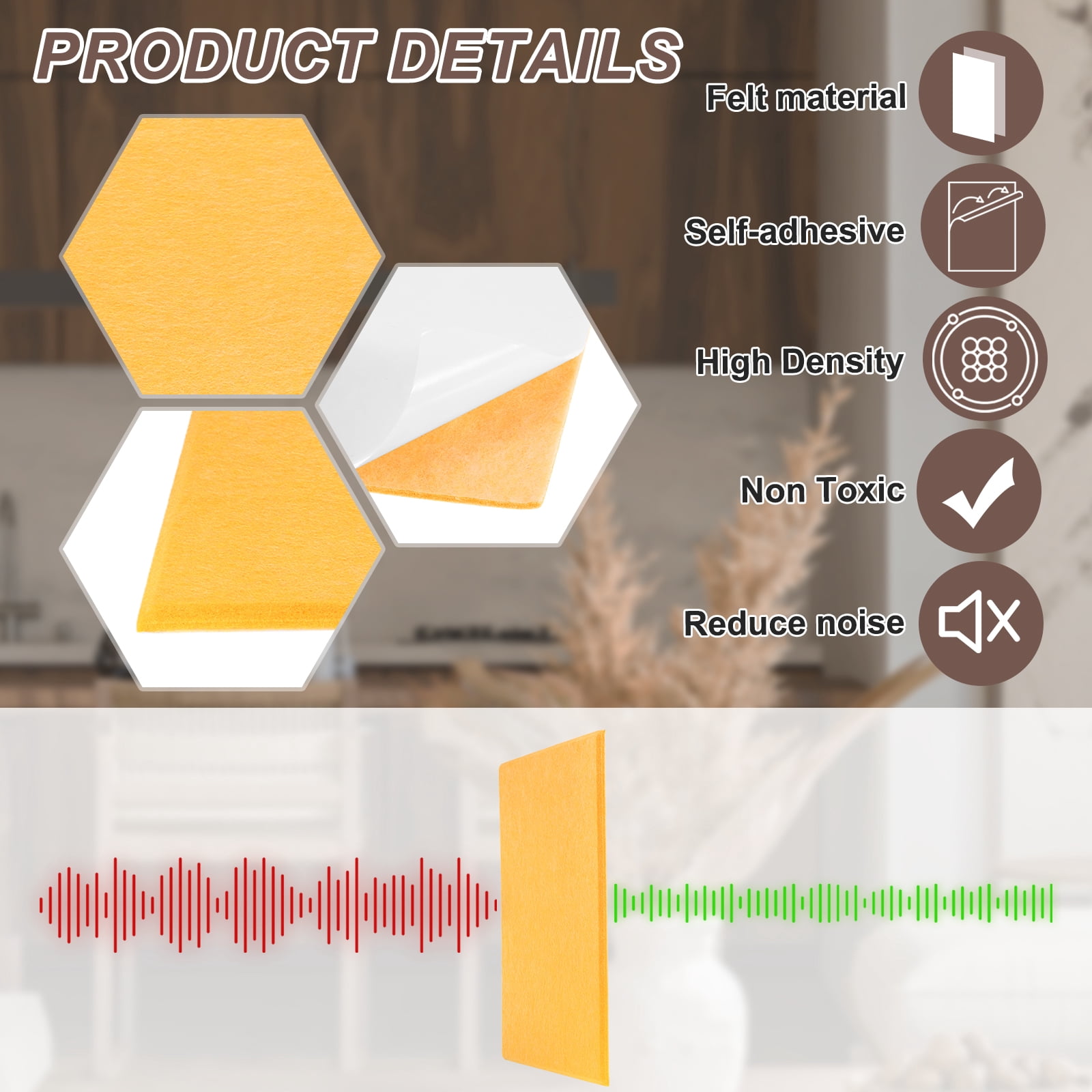 Uxcell 12pcs Acoustic Panels High-Density Sound Proof Felt Self Stick Non-Slip Pads 16"x12"x0.35", Dark Yellow