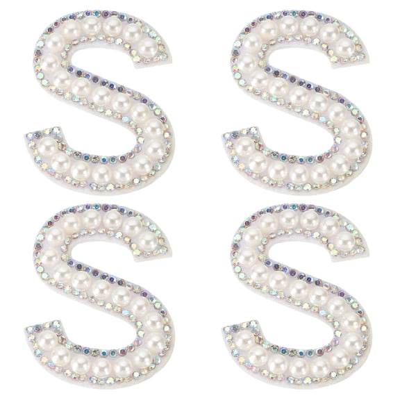 Uxcell Pearl Letter Patches, 4 Pcs White Chenille Letter Glitter Rhinestone Alphabet Applique Cloth Patches Iron on for Clothing Jacket Backpack Hat, S