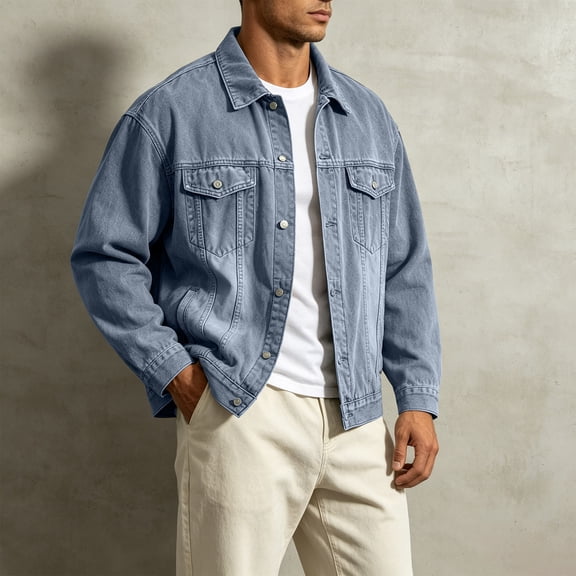 Homenesgenics Jackets for Men Big and Tall Fall Denim Vintage Washed Workwear for Men Streetwear-Style Loose-Fit Denim Outerwear Blue L