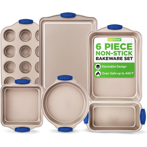 NutriChef 6 Pcs Nonstick Bakeware Set Carbon Steel Baking Trays W/ Heat safe Silicone Handles, Gold