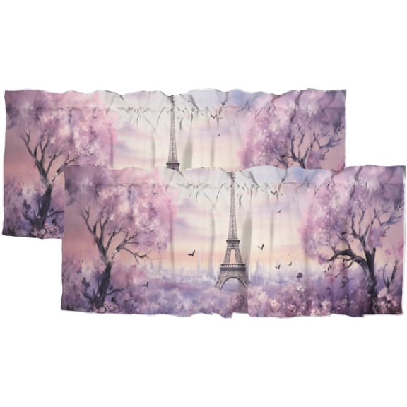 Rustic Paris Kitchen Valance Curtain Rod Pocket Purple Lavender Eiffel Tower Floral Flower Birds Window Treatment for Living Room Bedroom Bathroom 54 by 18 in, 2 Panel