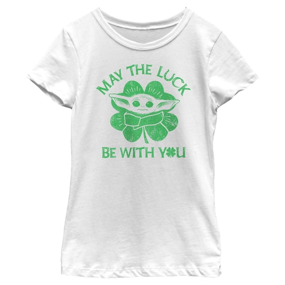Girl's Star Wars: The Mandalorian St. Patrick's Day Grogu May the Luck be with You Retro Graphic Tee White X Large