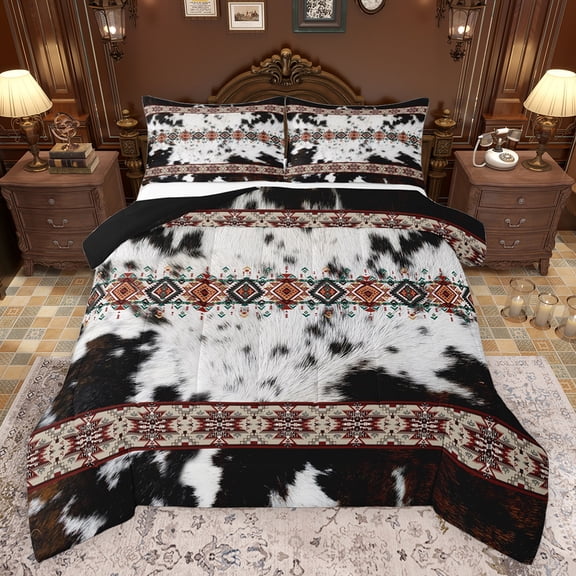 Feelyou Western Bohemian Aztec Full Size Comforter Sets, Rustic Cow Print Bedding Comforter Set, Vintage Fashion Style Reversible Bedding Sets, Super Cozy Room Decor, 3-Piece