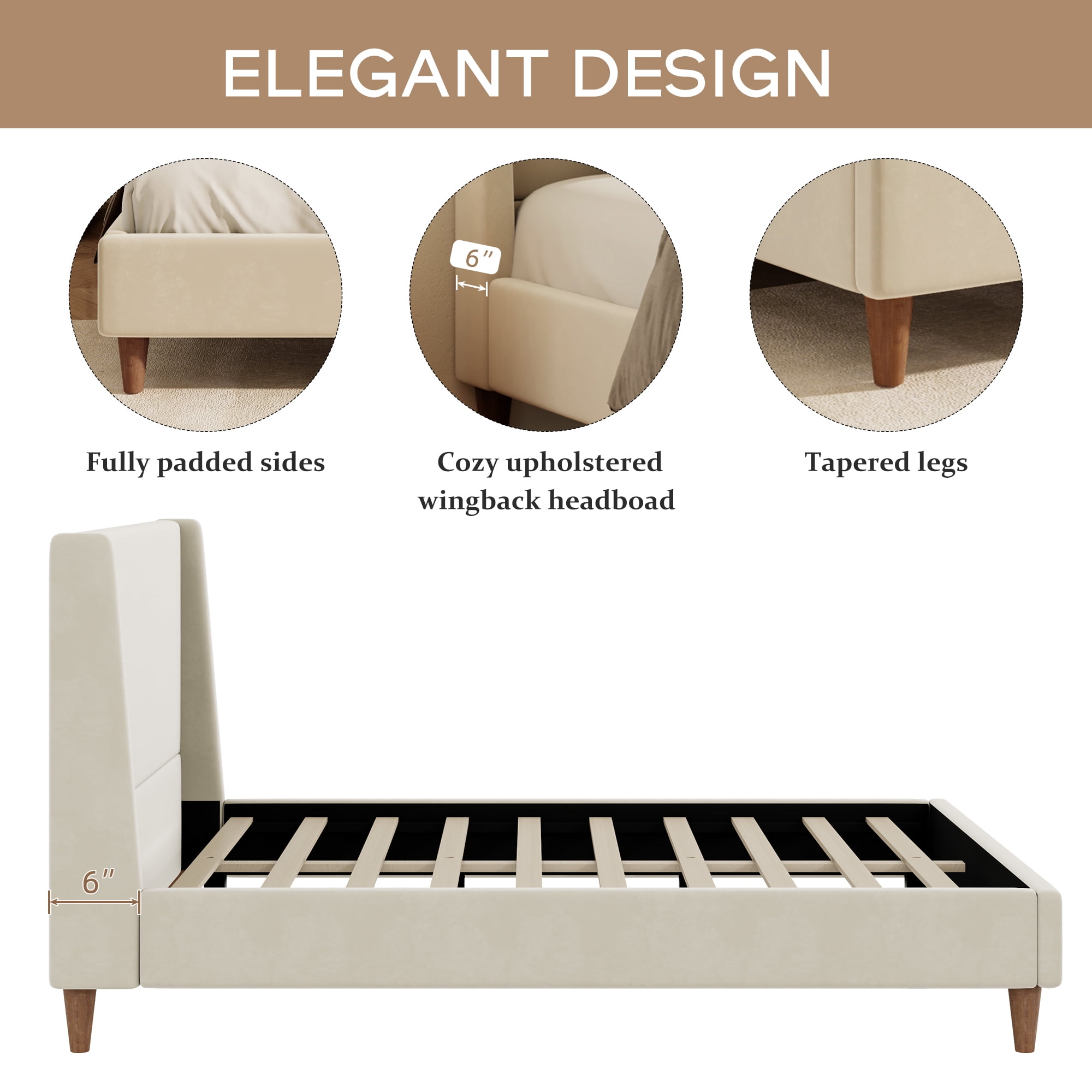 Euroco Upholstered King Size Platform Bed, Velvet Bed with Wingback Headboard, Beige