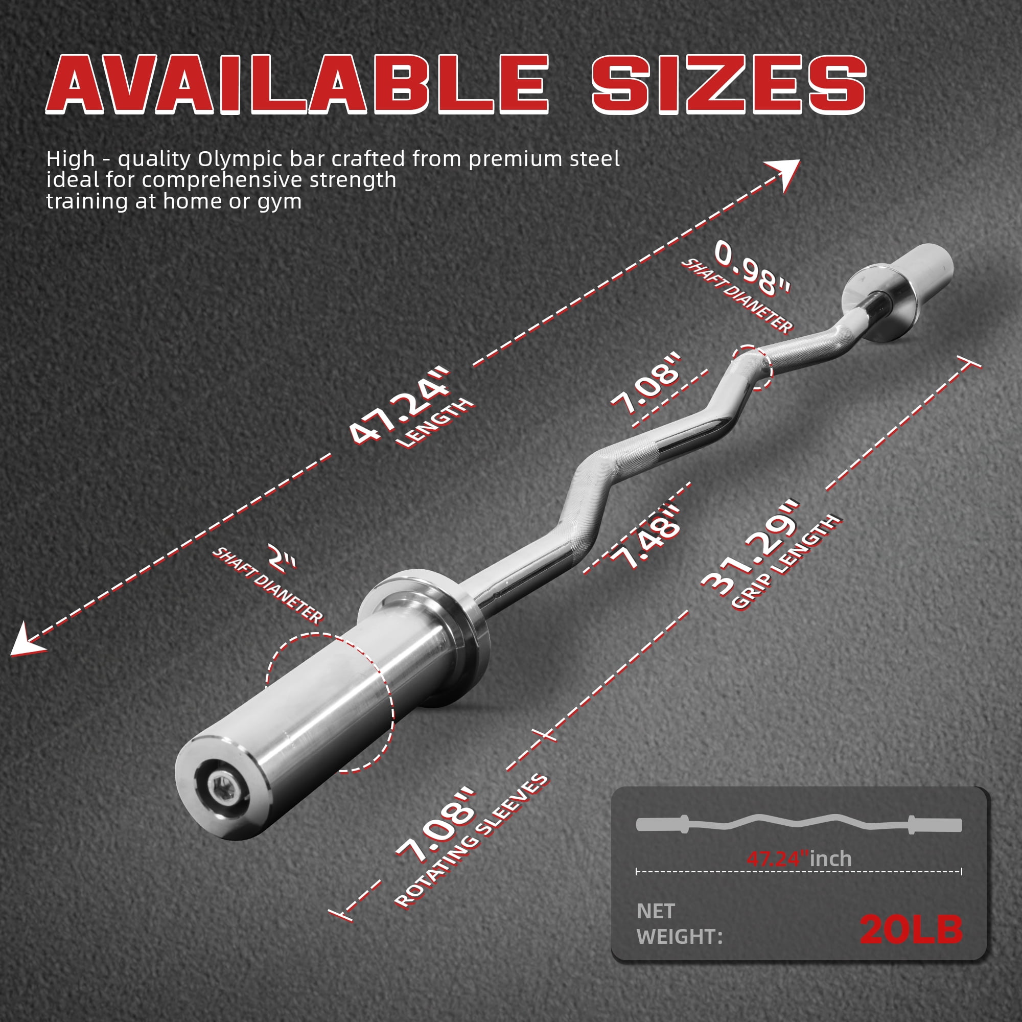 Signature Fitness Olympic Curl Bar, 4FT Alloy Steel Barbell with 2IN Sleeves, Silver Finish for Bicep and Tricep Training