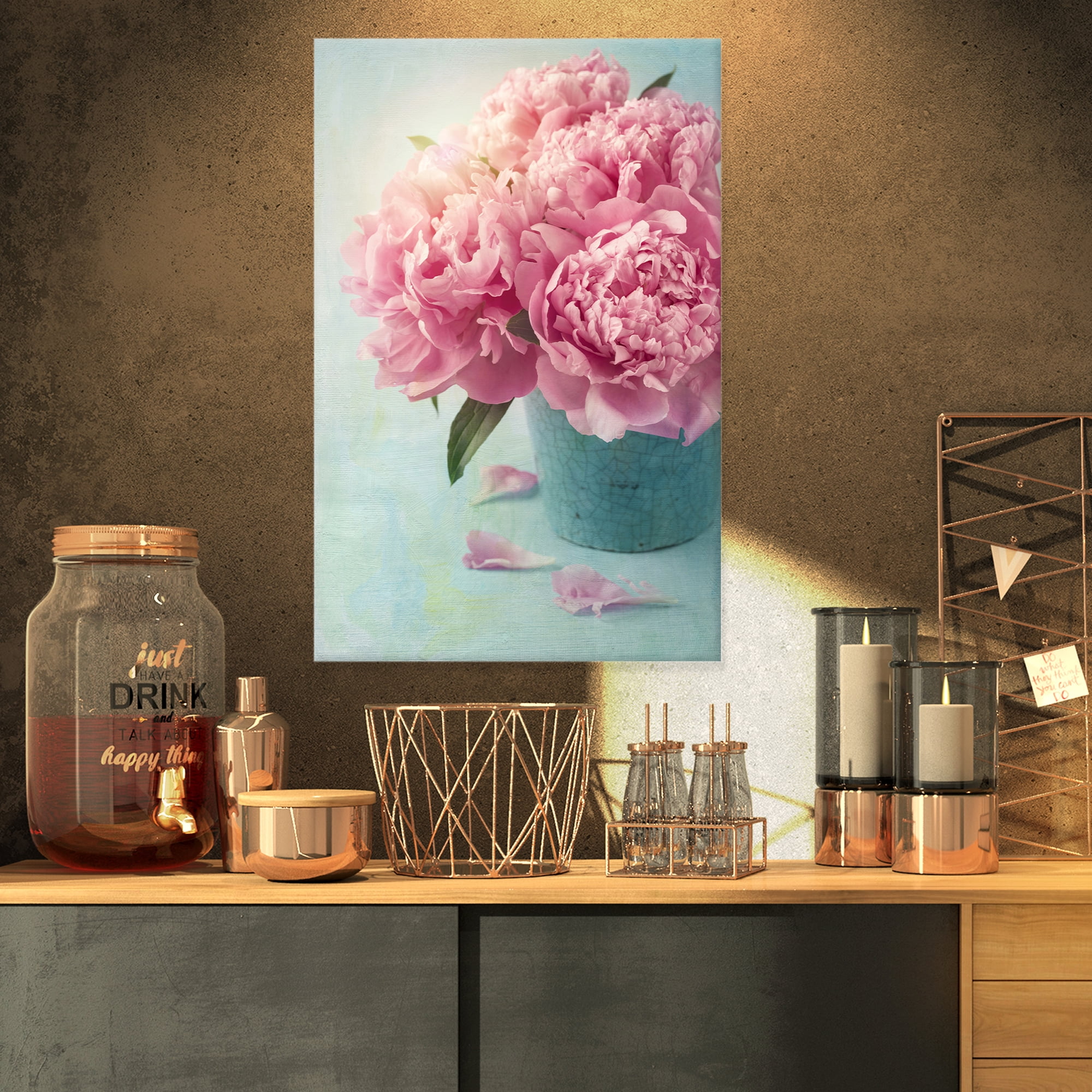 Designart 'Pink Peony Flowers in Vase ' Large Floral Wall Art Canvas