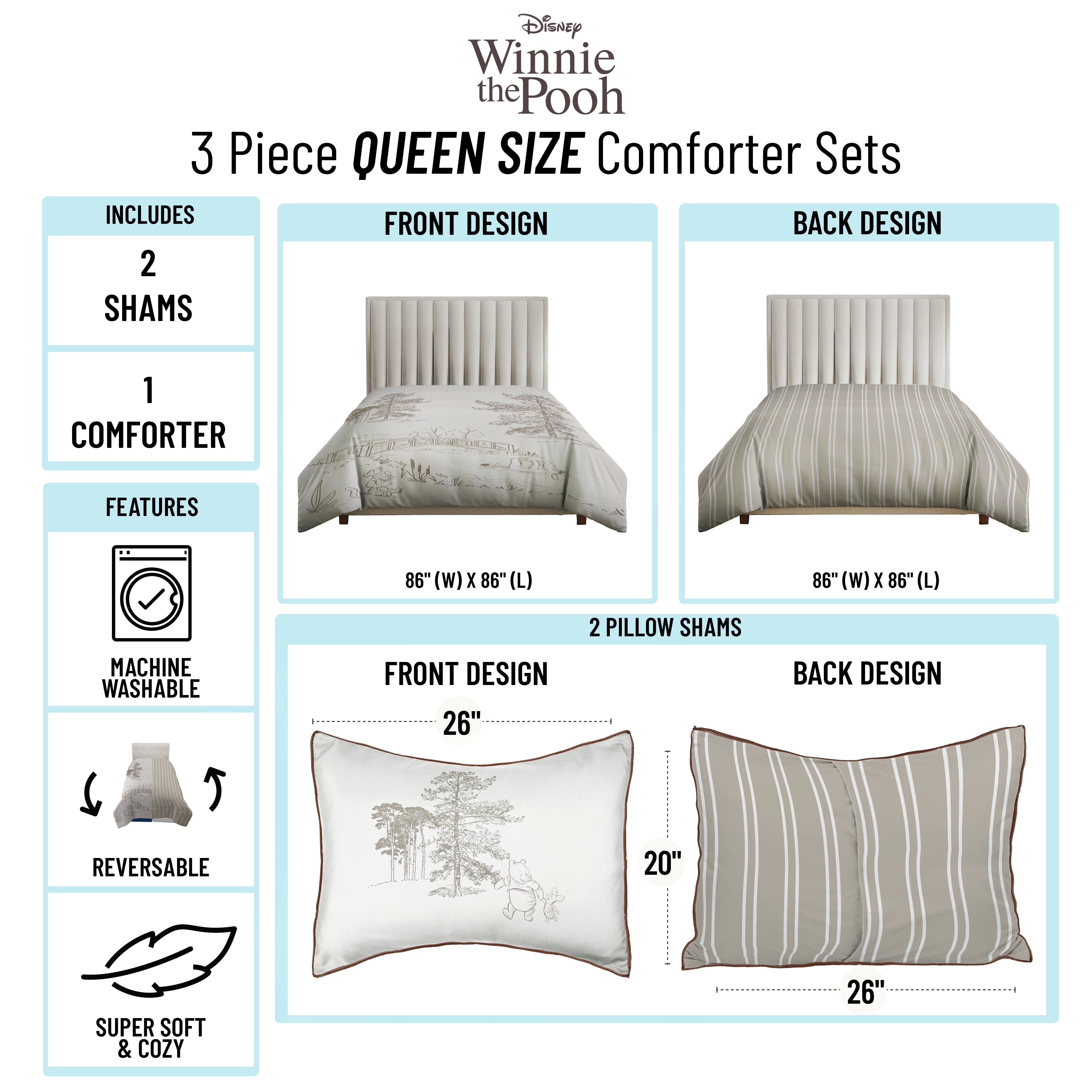 Disney Winnie The Pooh 3 Piece Khaki Comforter and Sham Bedding Set, All Ages, Queen