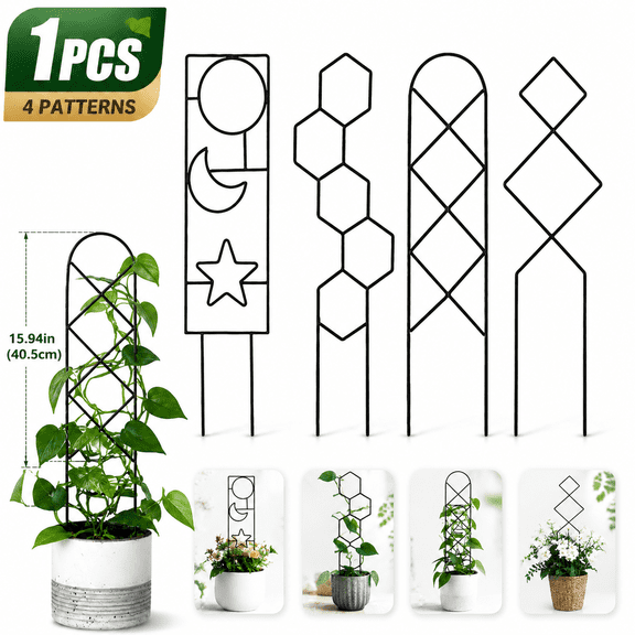 Indoor Plant Trellis for Climbing Plants - 15.94-Inch Small Metal Garden Trellis for Potted Plants, 4 Patterns for Vine, Ivy, and Flower Support, Perfect Gift for Plant Lovers