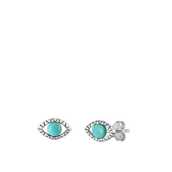Sterling Silver Oxidized High Polished Eye Simulated Turquoise Stud Earrings .925 New Jewelry Female