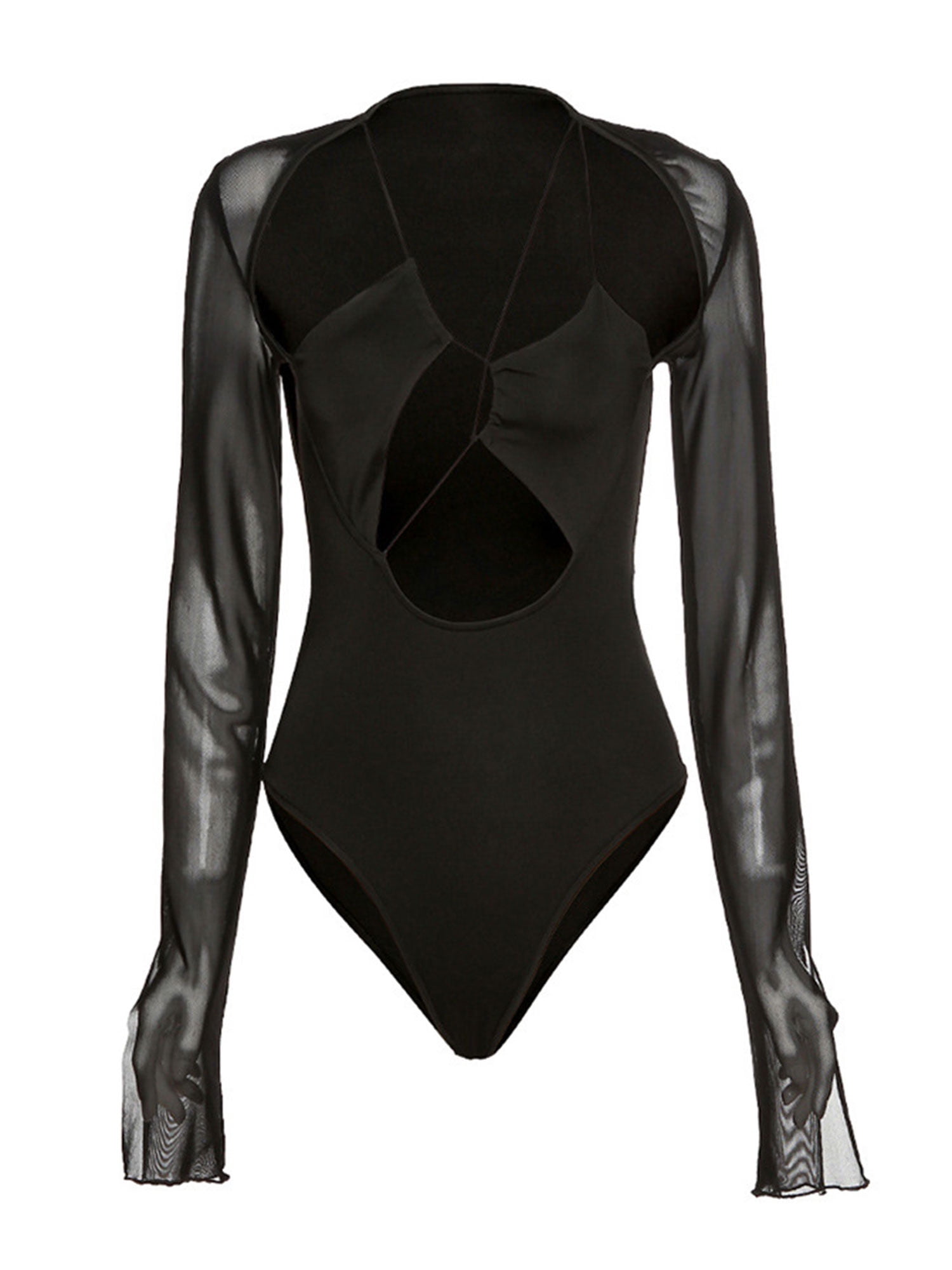 wybzd Women Hollow Out Triangle Bodysuit Mesh Sheer Patchwork Bandage Low  Cut Jumpsuits Romper Top Streetwear Black 