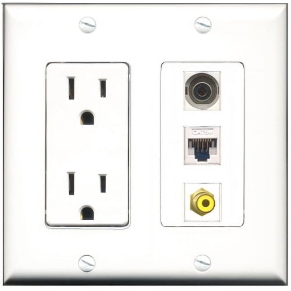 RiteAV - 15 Amp Power Outlet 1 Port RCA Yellow 1 Port 3.5mm 1 Port Cat5e Ethernet White Decorative Wall Plate