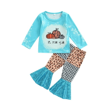 

Genuiskids Toddler Little Girls Halloween 2Pcs Outfits Pumpkin Letter Print Long Sleeve Round Neck Tops + Contrast Color Flared Trousers