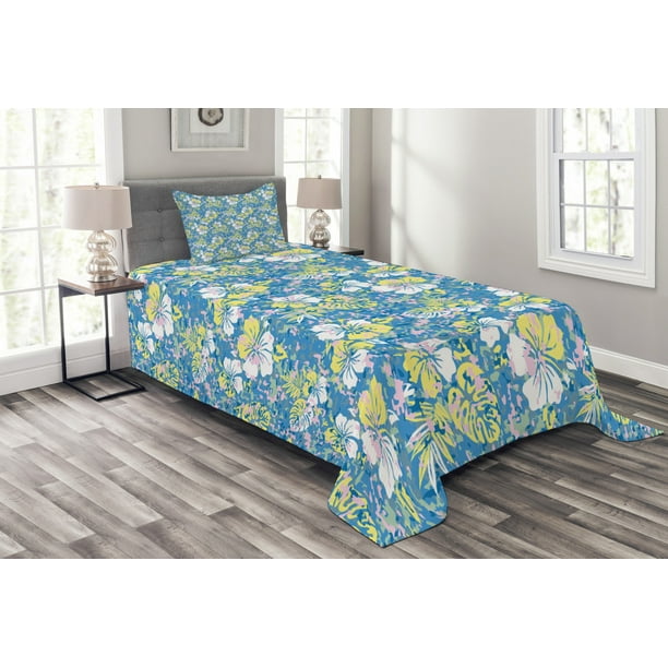 Camouflage Bedspread Set Twin Size, Hawaiian Pattern Exotic Tropical