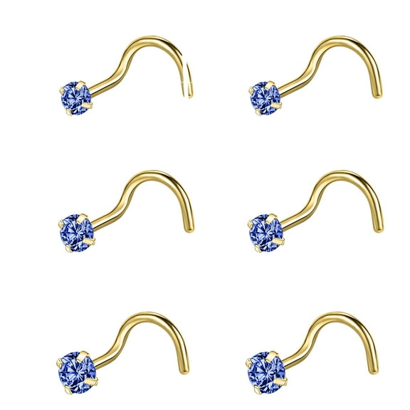 ZS 20G 6Pcs CZ Nose Studs Corkscrew Rings Zirconia Nose Piercing Gold Plated Nostril Piercing