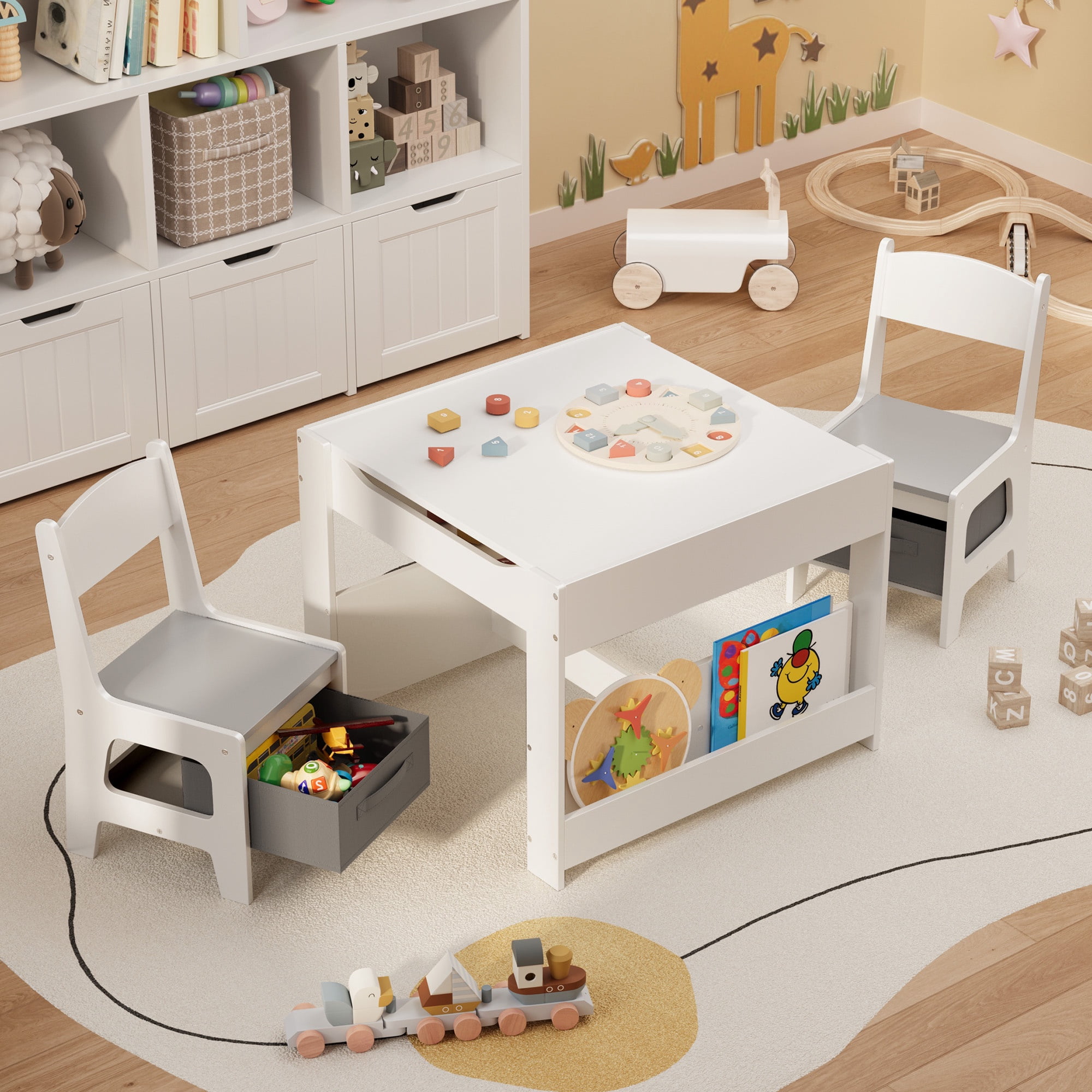 Asofer 4-in-1 Kids Table and Chair Set, Bookshelves and Storage Drawer for Drawing Playing Studying Eating, White & Gray
