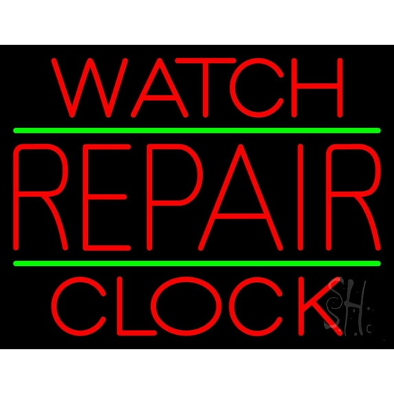 Red Watch Repair Clock LED Neon Sign 24 x 31 - inches, Clear Edge Cut Acrylic Backing, with Dimmer - Bright and Premium built indoor LED Neon Sign for Computer & Electronics store decor.