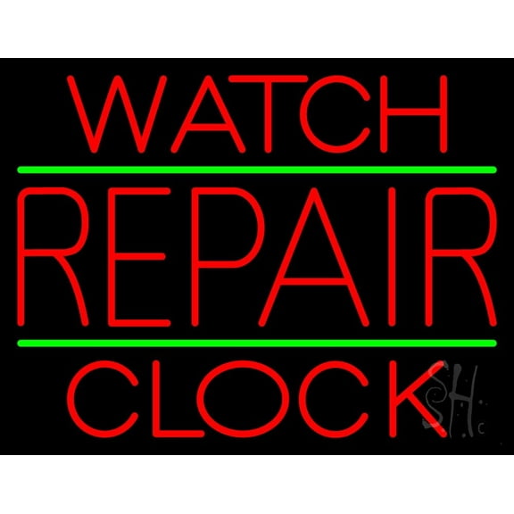Red Watch Repair Clock LED Neon Sign 24 x 31 - inches, Clear Edge Cut Acrylic Backing, with Dimmer - Bright and Premium built indoor LED Neon Sign for Computer & Electronics store decor.