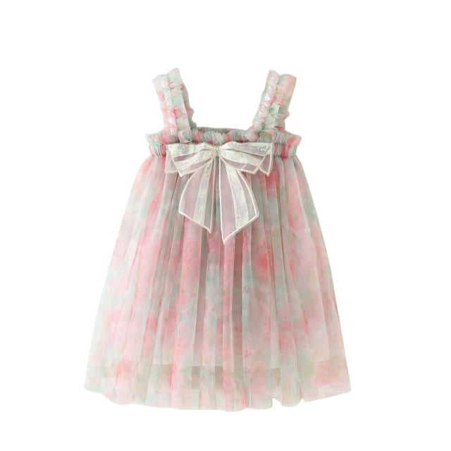 XASZHN Robe de Carnaval Sans Manches pour Tout-Petites Filles avec Nœud à Paillettes, Robe Superposée en Maille Teinture sur Nœuds Rose 2-3 Ans