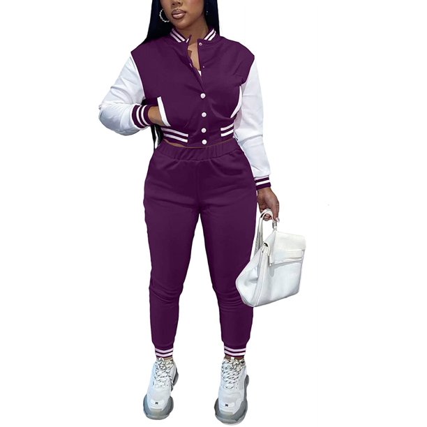 Trajes de entrenamiento de 2 piezas para mujer, chaquetas de retazos de bloque de color con botones, pantalones largos ajustados, chándal Ormromra HMFJ297-23