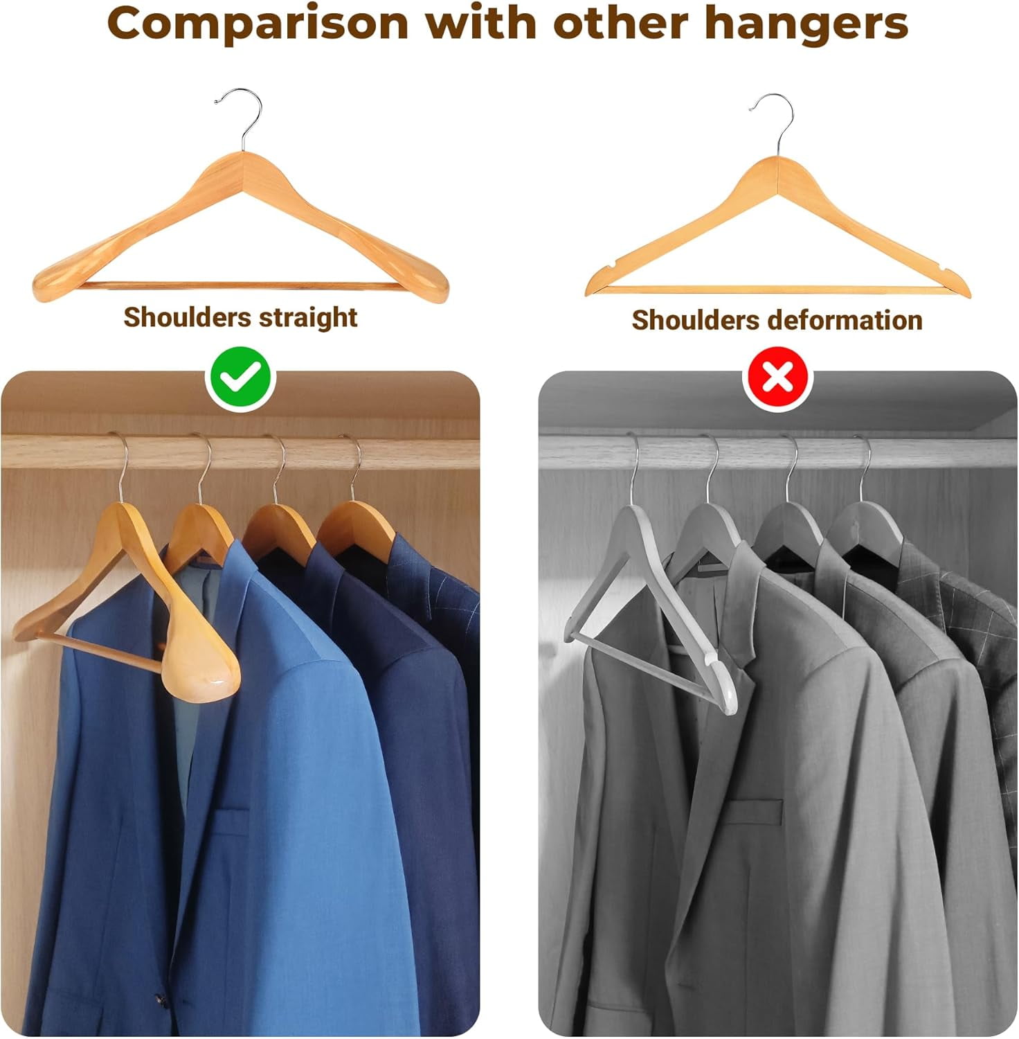 Coat Hanger 8-Pack,  Wood Hangers Trouser Hangers Extra Wide Shoulder Wooden Hangers for Heavy Coat, Sweater, Skirt, Suit, Pants, Retro Finish