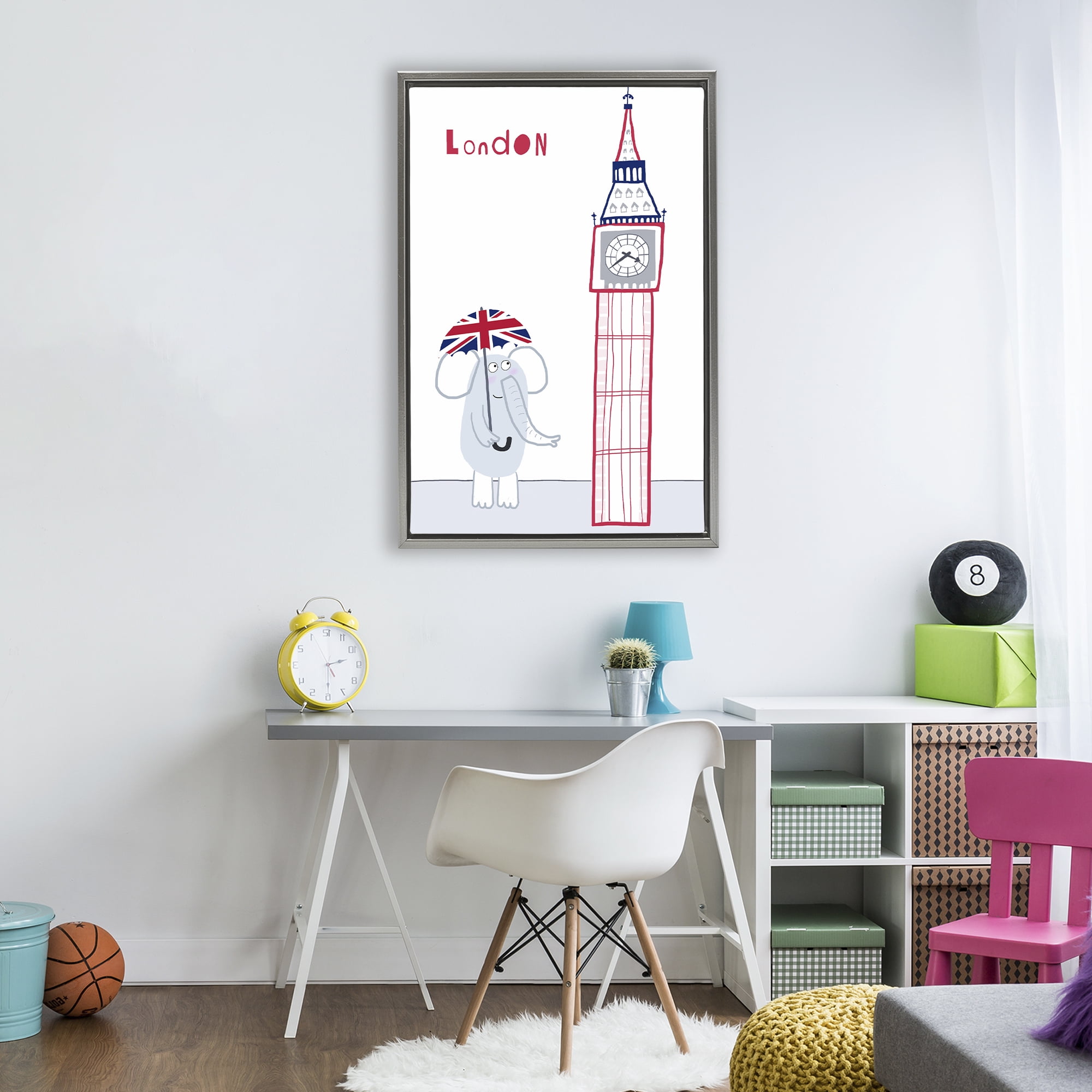 Elephant & Big Ben London Gray Framed Floater Canvas Wall Art, design by Carla Daly