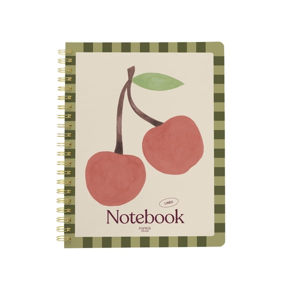 Papier To Go, College Ruled, Lined Notebook, Spiral, Hardcover, Letter Size - 8.5"" x 11"" inches, Fruit Print - Cherry Sprig, Red Green