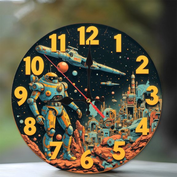 Space Robot Clock Retro SciFi Art 10-Inch Silent Wooden Wall Clock, Battery Operated (AA Batteries Not Included), Artistic Home Decor