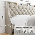 thumbnail image 5 of Full Upholstered Bed Frame with Wingback Headboard,Upholstered Platform Bed Frame with Charging Station and USB Ports,Storage Shelf,Luxurious Linen Upholstery Platform Bed,No Box Spring Needed,Beige, 5 of 7