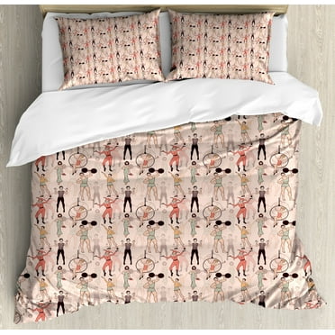 Circus Queen Size Duvet Cover Set, Acrobat Actor Artist Gymnast Harlequin Masculine Feminine Clown Characters of Circus, Decorative 3 Piece Bedding Set with 2 Pillow Shams, Multicolor, by Ambesonne
