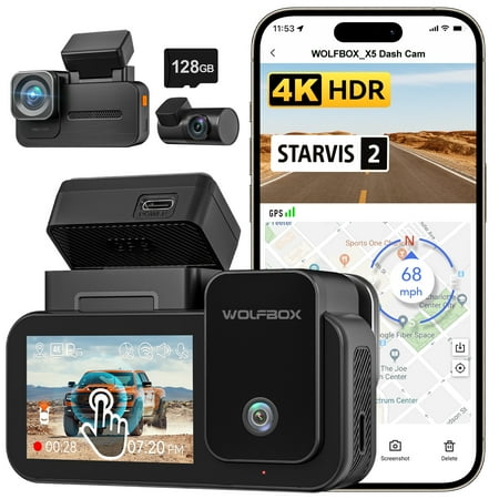 WolfBox X5 3 Channel Car Dash Cam 4K Front+1080P Inside+2.5K Rear Camera 5.8GHz Wi-Fi & GPS Touchscreen Voice Control