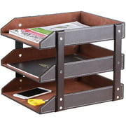 PU Leather 3-Tier Desk File Organizing Shelves, Stackable Letter Tray Holder for Office Supplies, Paper, File,