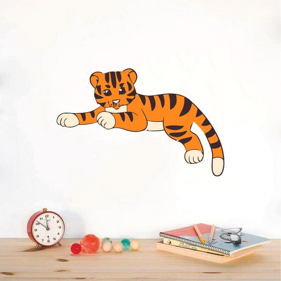 Baby Tiger Cute Cub Posing Animal Cartoon Character Wall Art Decal Vinyl Sticker Girls Boys Room Bedroom Nursery Kindergarten House Fun Home Decor Removable Adhesive Sticker Peel and Stick 12x20 inch