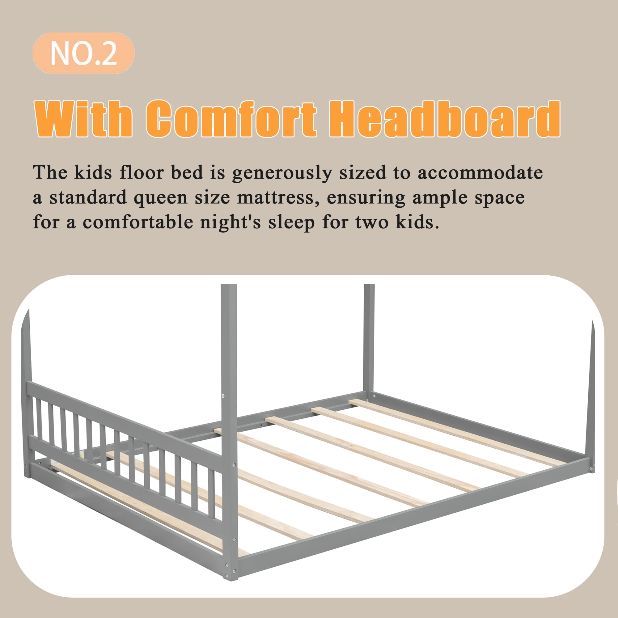 Bellemave Queen Size House Bed,Wood Montessori Floor Beds with Headboard for Toddler/Kids/Boys/Girls, No Box Spring Needed (Gray)