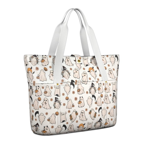 Tote Bag for Women - Vintage Ghost Halloween Pattern Shoulder Bag - Large Utility Work Duffle Bag with Zipper Handbag for Travel, Work, Sprots