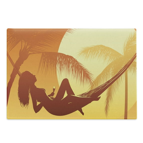 Beach Cutting Board, Silhouette of a Woman Lying in a Hammock at Majestic Sunset View Dream Print, Decorative Tempered Glass Cutting and Serving Board, Large Size, Burnt Orange, by Ambesonne