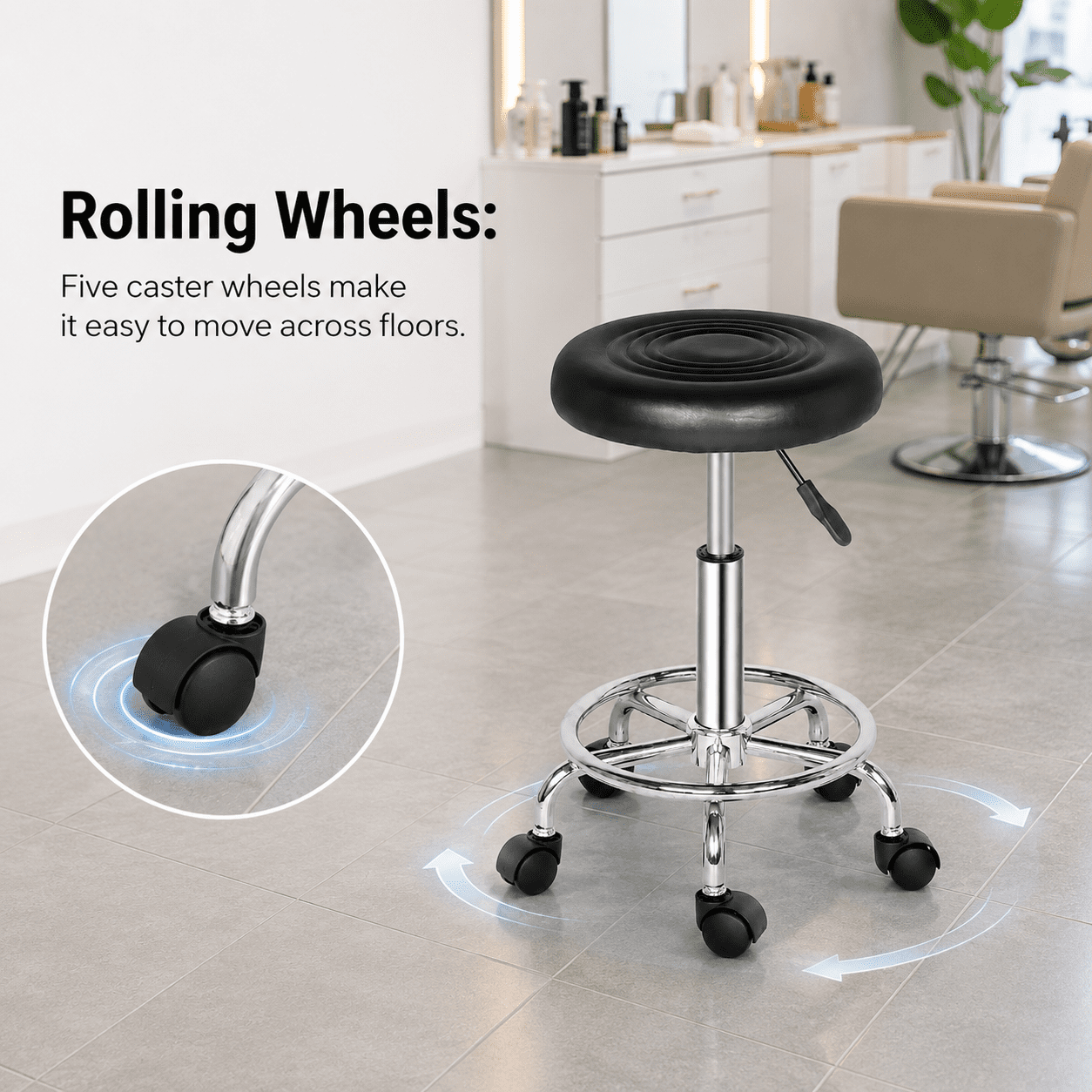 Alvantor Rolling Stool with Ribbed Round Seat, Adjustable Height, Black