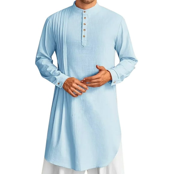 Wdgfv Mens Kaftan Thobe Cotton Linen Henley Shirt Long Sleeve Robe Casual Muslim Gown Kurta